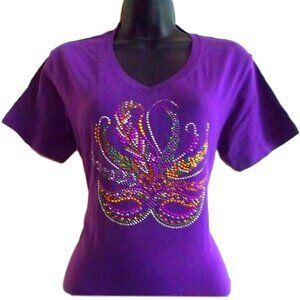 Purple V Neck Knit Short Sleeve T Shirt Adult Small Fancy Mask Bling Applique